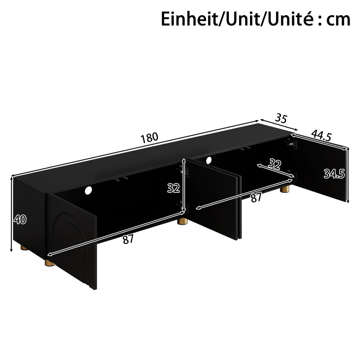 TV-LOWBOARD 180 x 35 x 40 cm, 4 Türen, Relieffront, Metallfüße, Schwarz - Schwarz, Holzwerkstoff (180/40/35cm)