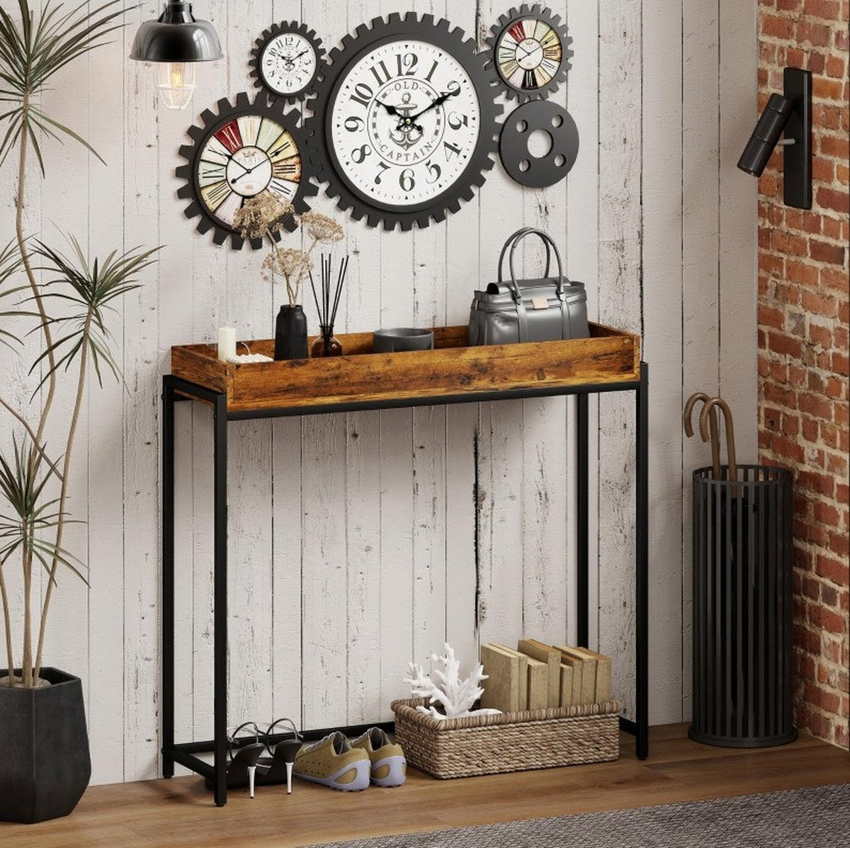 KONSOLENTISCH 100/30/91 cm rustic braun aus Holz mit Schutzgitter - Braun, Holz (100/30/91cm) - OKWISH