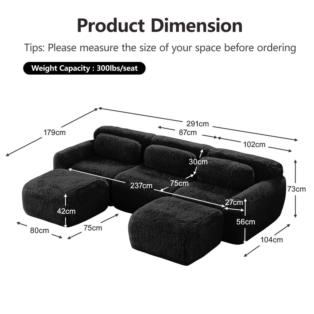 ECKSOFA 291/179/73 cm schwarz aus Plüsch mit U-Form, rutschfester Basis und Kissen - Schwarz, Textil (179/291cm) - OKWISH