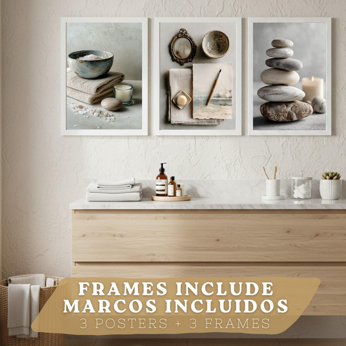 PLAKÁT Sada 3 do koupelny zenová dekorace Bílý rám A3 - bílá, papír (42/29.7/3cm) - Nacnic