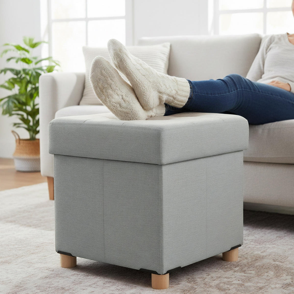 HOCKER - Hellgrau/Grau, Holzwerkstoff/Textil (38/38/38cm) - Relaxdays