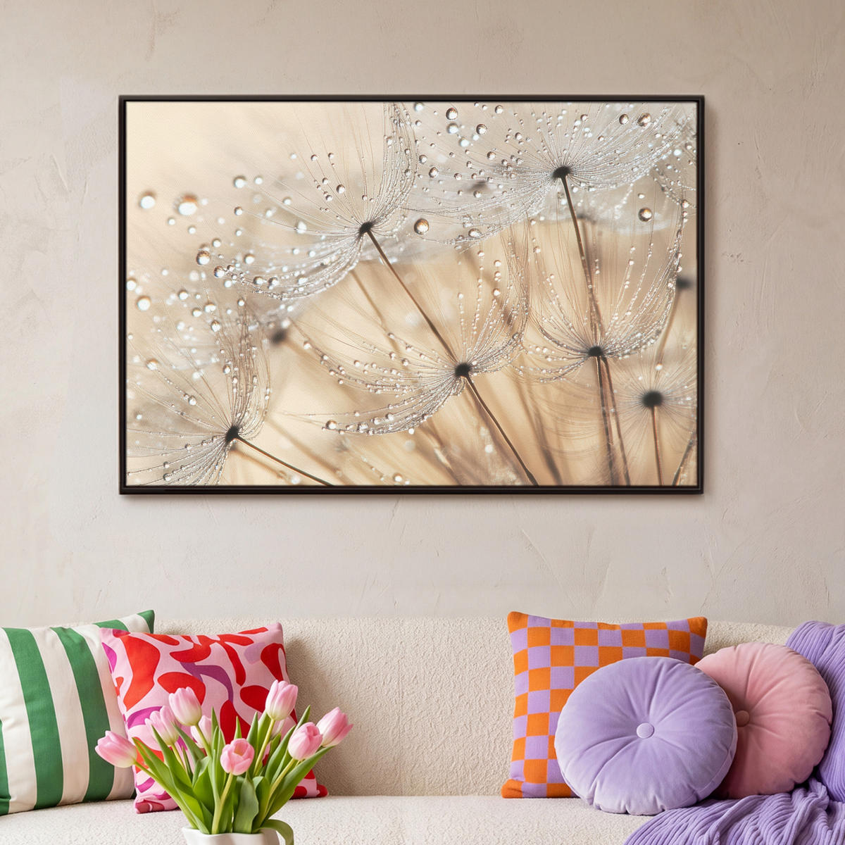 LEINWAND Bilder mit Rahmen - Löwenzahn - Abstrakt - Natur - Beige - 90x60 - Braun, Textil (90/60cm) - MuchoWow
