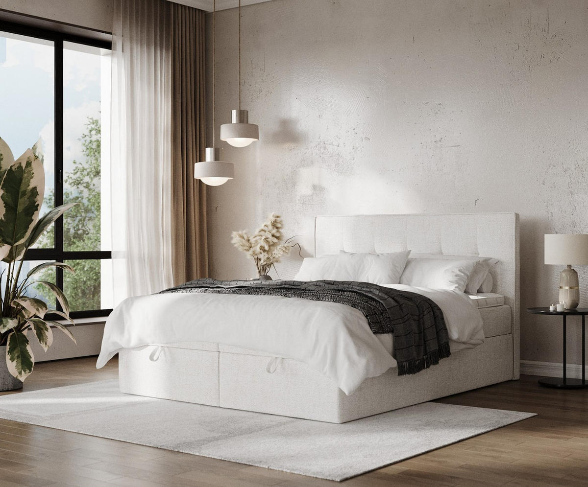 BOXBETT Tivra 200/200 cm Creme im Neve Stoff - Creme/Schwarz, Holz/Holzwerkstoff (200/200cm) - AltaBeds