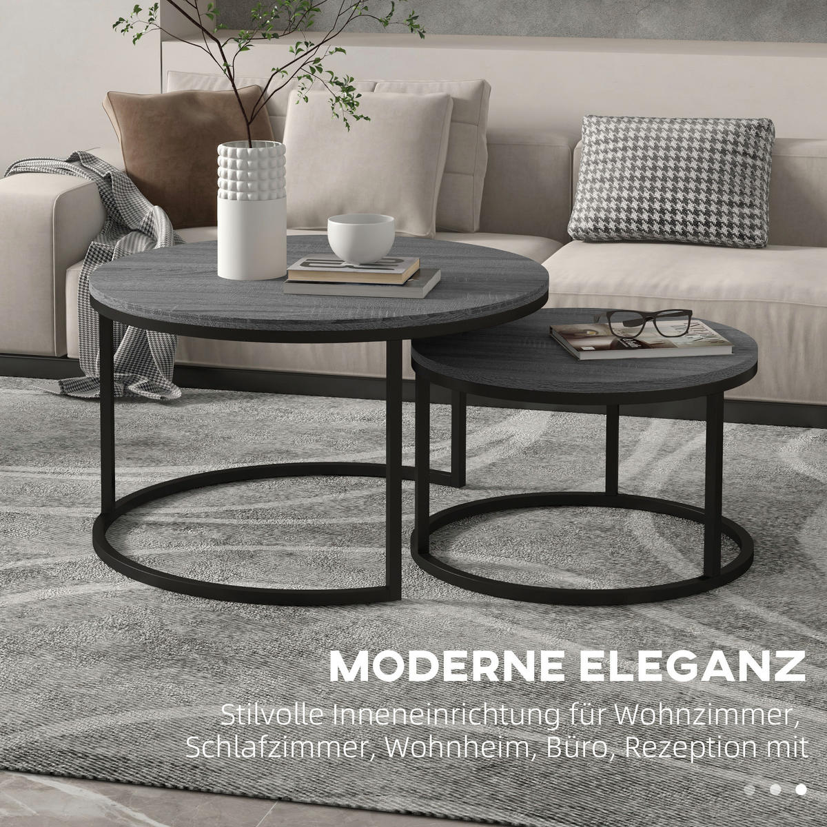COUCHTISCH rund 2er Set Stapelbarer Beistelltisch mit Metallrahmen, Schwarz - Dunkelgrau, Metall (78.5/78.5/46.5cm) - HOMCOM