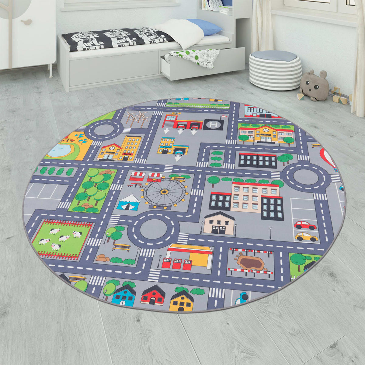 KINDERTEPPICH Waschbar, mit Dorf‑ und Bauernhofplan‑Muster, Grau, Ø 200 cm - Grau, Textil (200/200cm) - KADIMA DESIGN