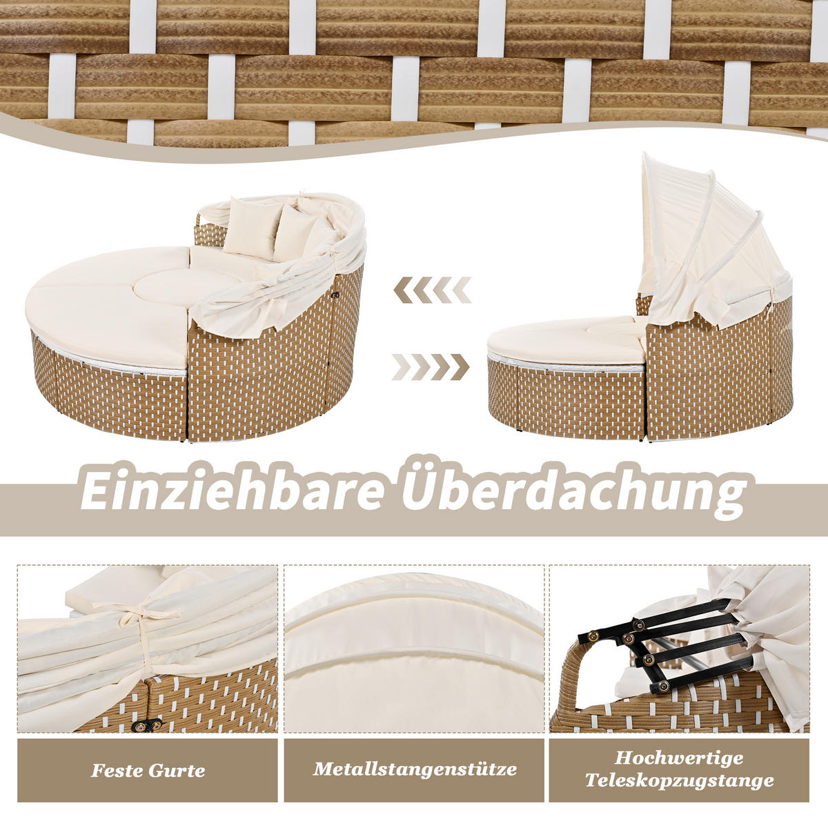 SONNENINSEL Beige Rattan Mit Ausziehbarem Baldachin & Tisch - Beige, Naturmaterialien (170/142/170cm) - FLIEKS