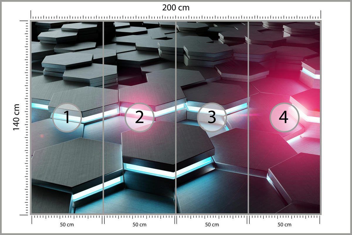 FOTOTAPETE für Büro Schwarz Hexagone Neon Rosa Blau Formen Geometrie 200x140 - Blau/Schwarz, Papier (200/140cm) - Muralo