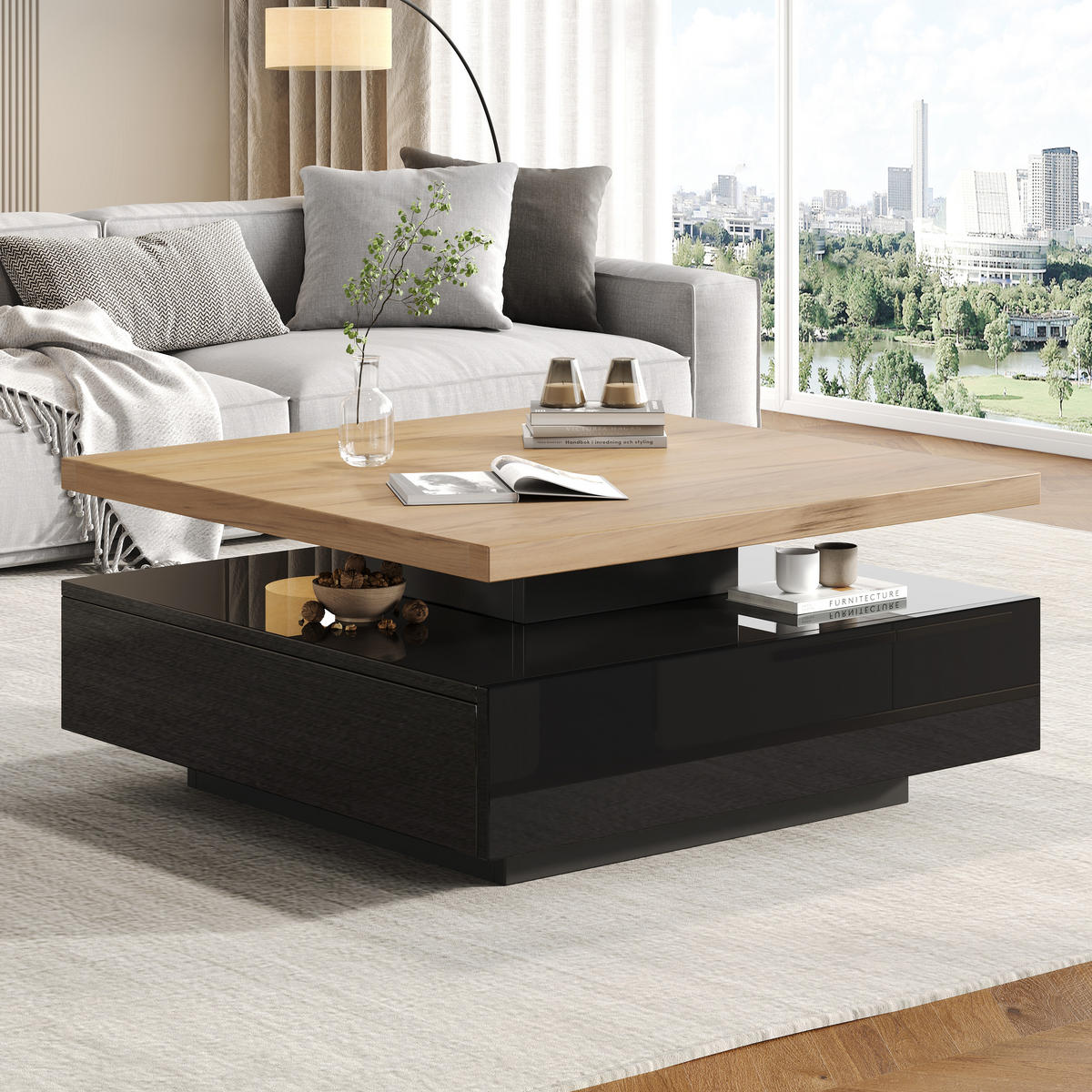 COUCHTISCH 360° schwenkbar 2-stufig Hochglanz Stauraum Naturholz Schwarz - Walnussfarben, Holzwerkstoff (70/70/36cm) - FLIEKS
