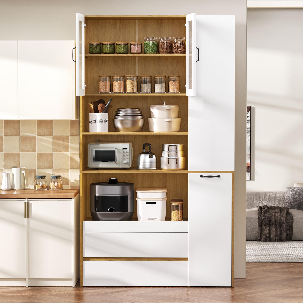 BUFFET Küchenschrank mit Riffelglas Herausziehbarer Ablage Viel Stauraum für Esszimmer Wohnzimmer Weiß Natur 100 cm - Weiß/Naturfarben, Glas/Holzwerkstoff (100/200/40cm) - EVRYAE