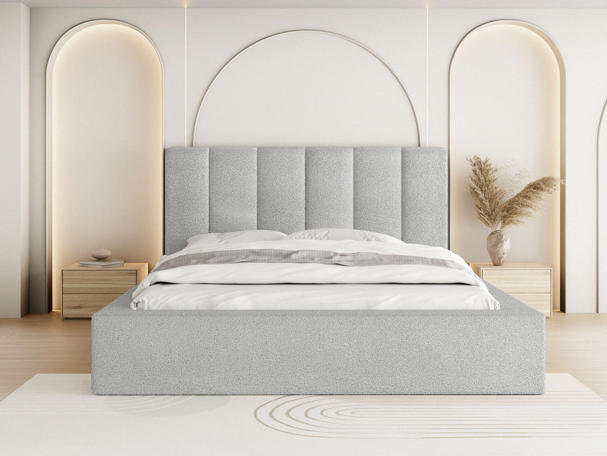 POLSTERBETT Amira mit Bettkasten, Grau Boucle 180x200 cm - Birkefarben/Hellgrau, Holz/Holzwerkstoff (180/200cm) - WFL GROUP