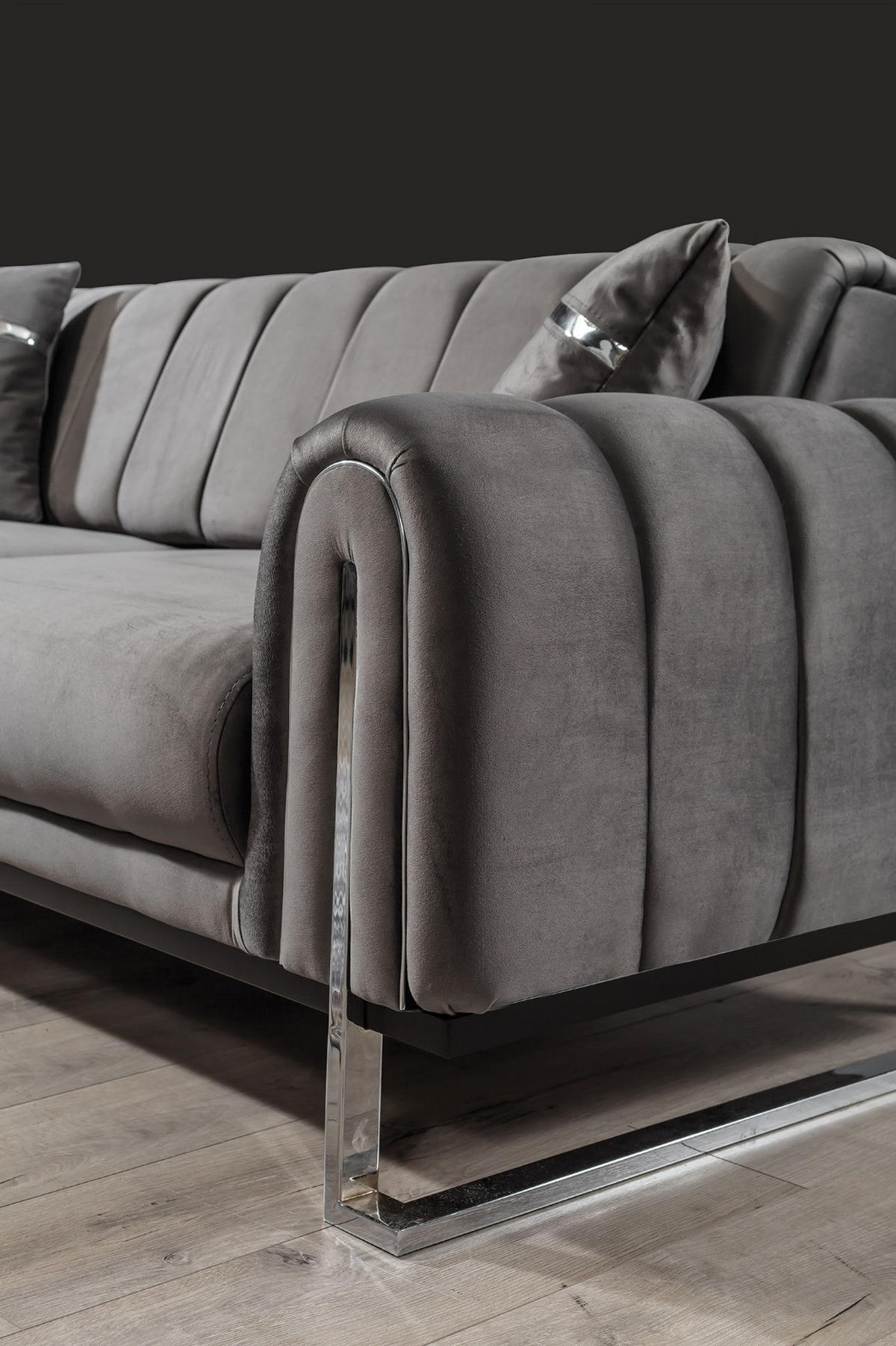 3 Sitzer SOFA Wave Samt Dunkelgrau - Dunkelgrau, Textil/Metall (225/78/95cm) - Villa Möbel