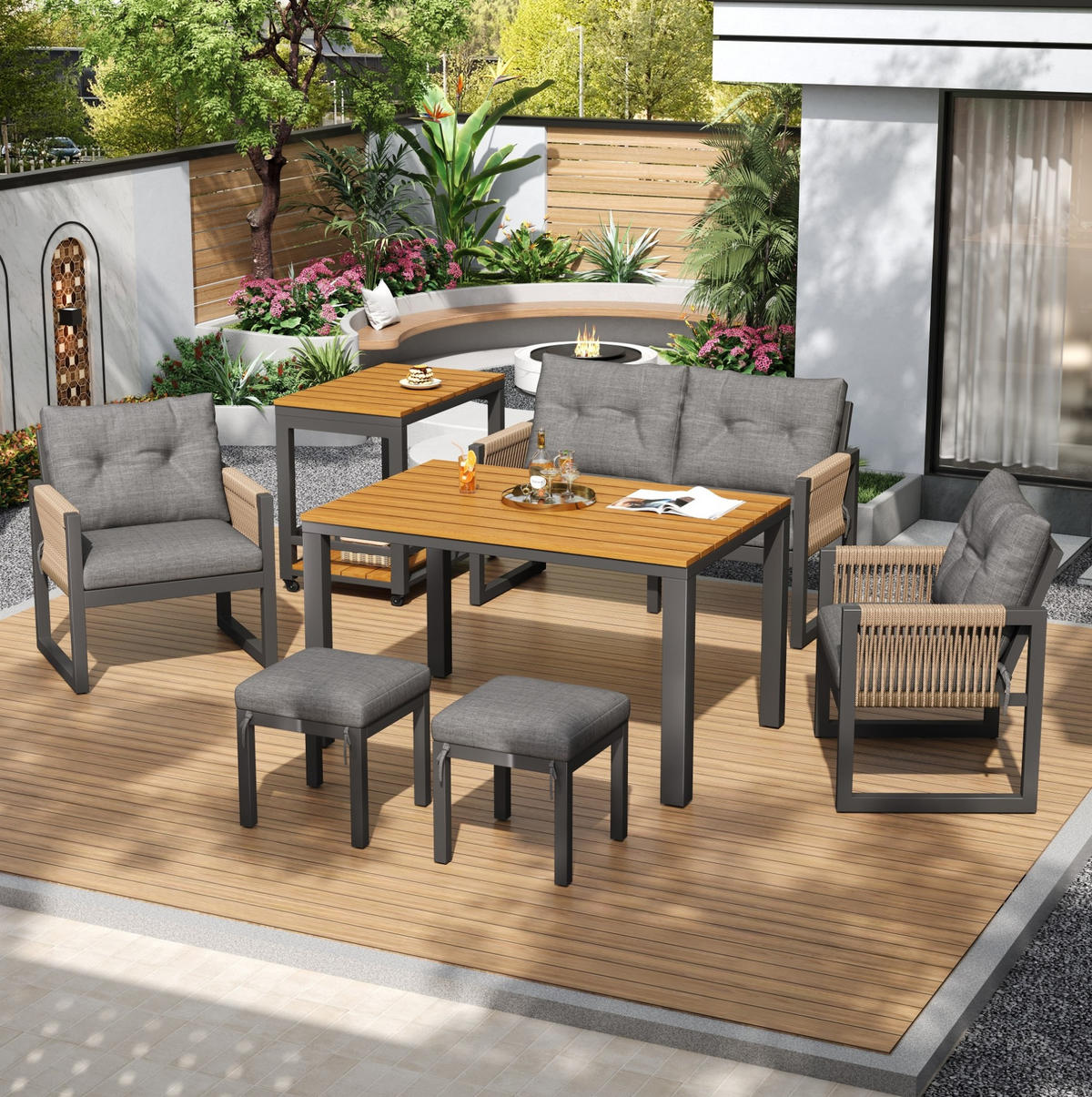 GARTENMÖBEL-SET 6-tlg. mit abnehmbarem Tisch Grau/Natur - Grau, Holz - Beauniv