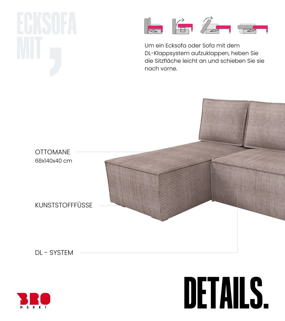 ECKSOFA Hector mit Schlaffunktion Puderrosa Cord - Rosa, Textil (200/141cm) - Bromarkt