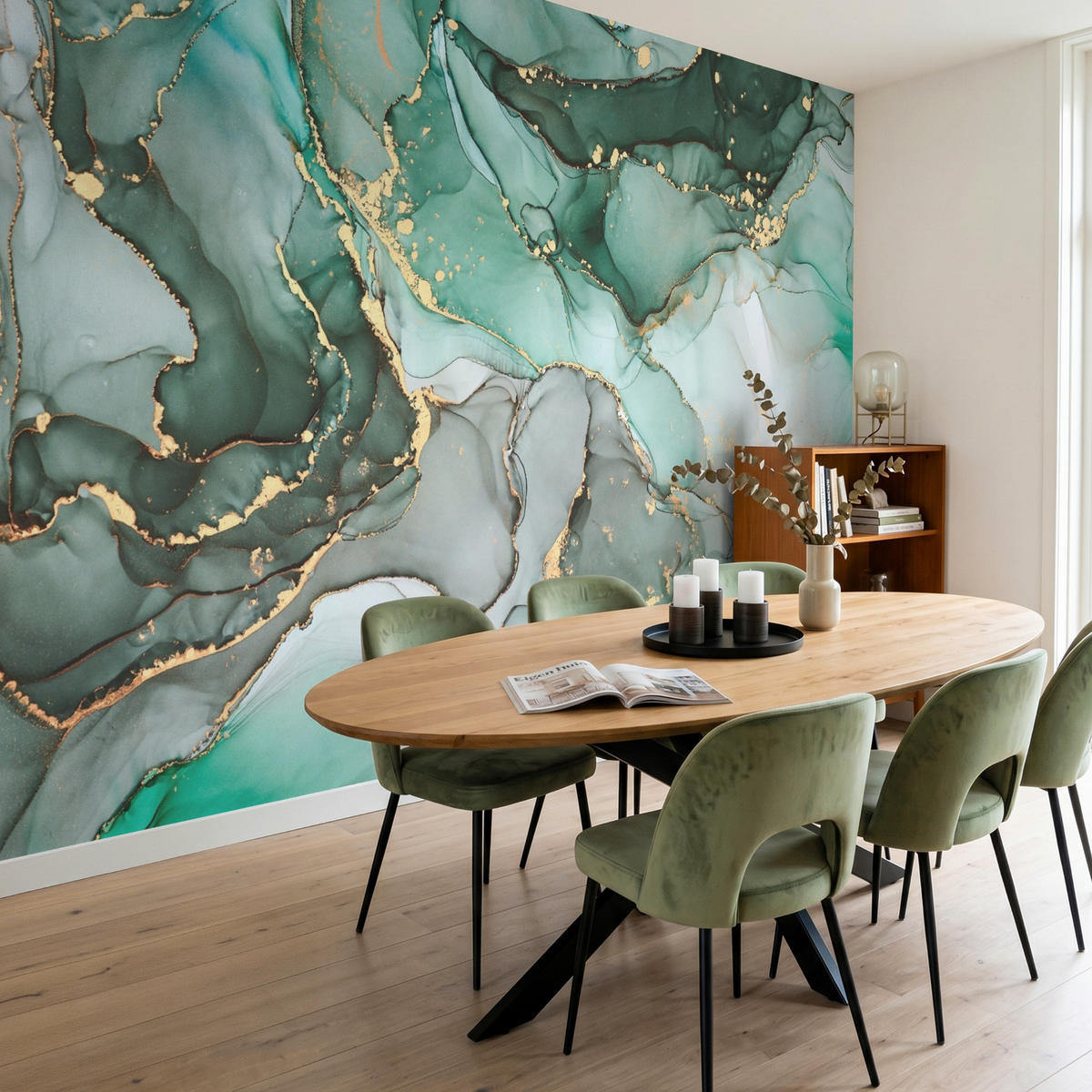 TAPETE - Gold - Marmor - Grün - Luxus - Marmoroptik - Grau - 350x220 cm - Grün, Papier (350/220cm) - OnlyWow