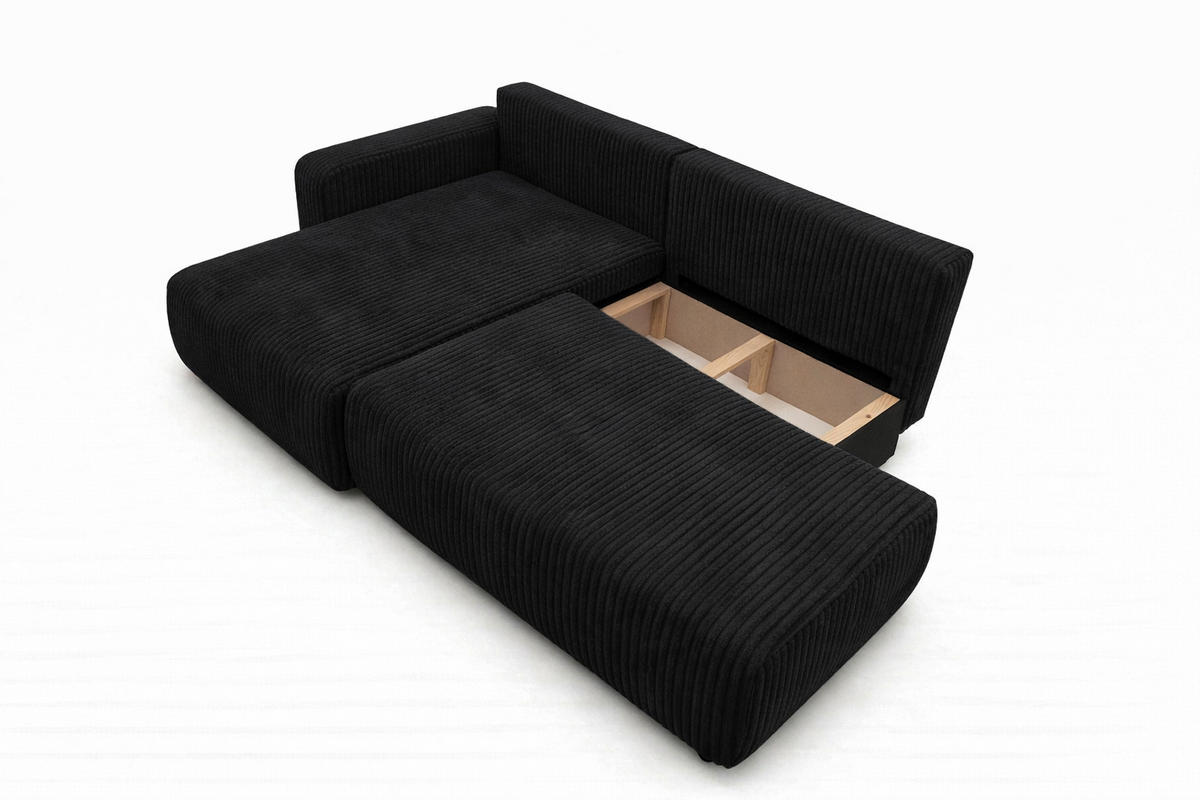 ECKSOFA Mit Schlaffunktion Und Bettkasten, Cordstoff Tilia, Schwarz, Links, OPEN XL - Schwarz, Holz (262/145cm) - Kaiser Möbel