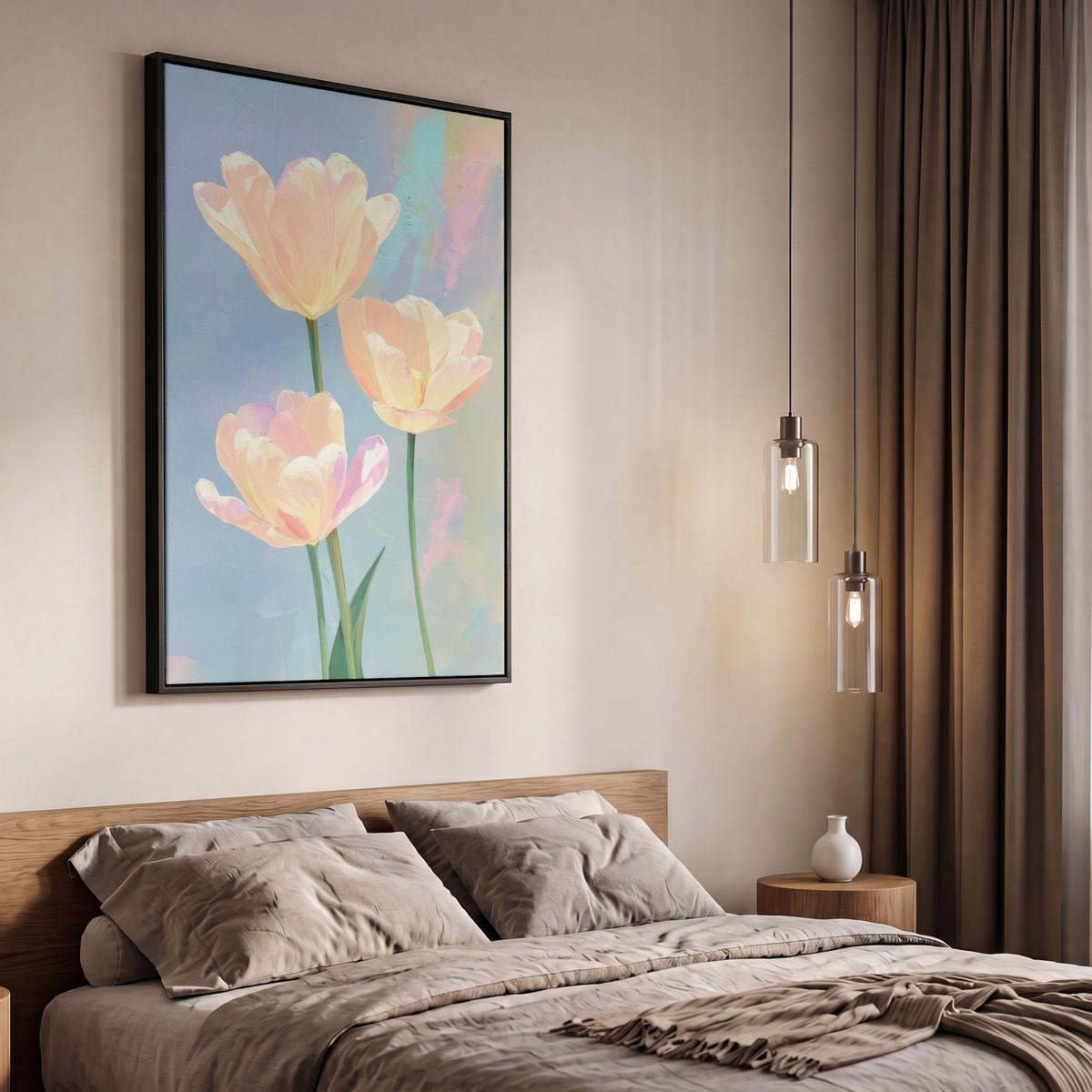 LEINWAND Bilder mit Rahmen - Tulpen - Rosa Akzente - Blau - 60x90 - Pastellblau, Textil (60/90cm) - MuchoWow