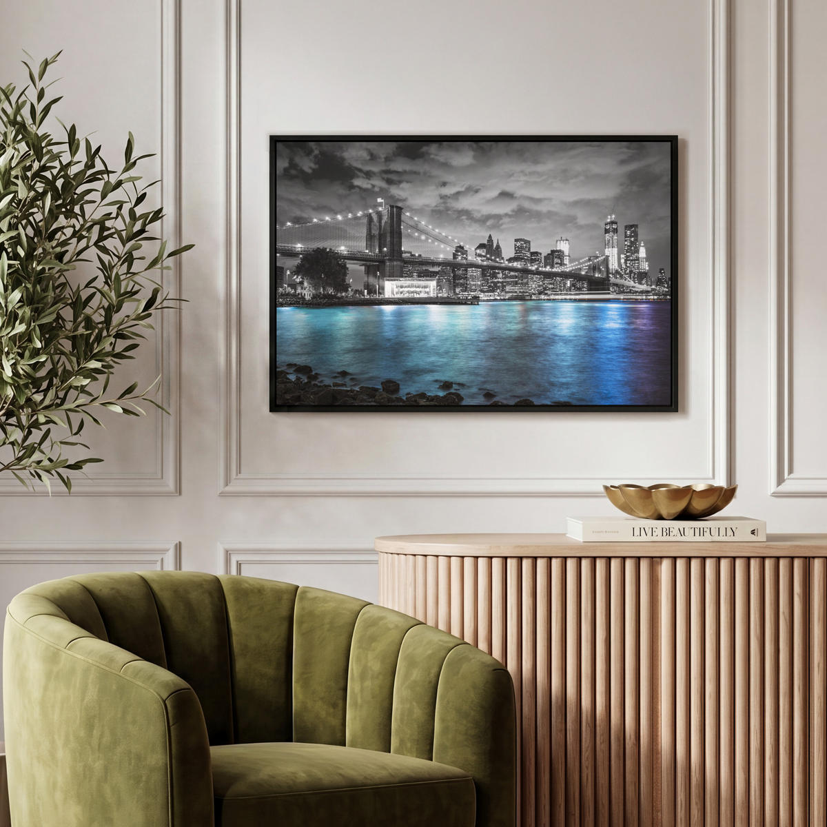 LEINWAND Bilder mit Rahmen - New York - Skyline - Stadt - Blau - 60x40 - Blaugrau, Textil (60/40cm) - MuchoWow