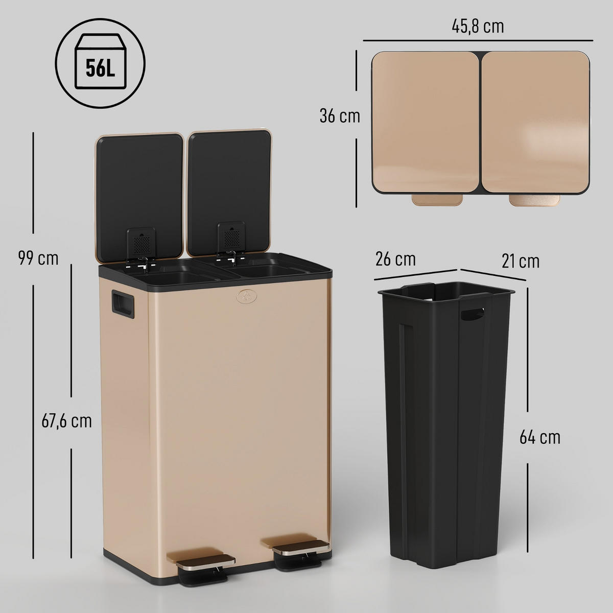 MÜLLEIMER KÜCHE 2 FÄCHER 45,8/36/67,6 cm Edelstahl Gold Doppel-Mülleimer 56 Liter - Goldfarben, Metall (36/67.6/45.8cm) - Rolipo