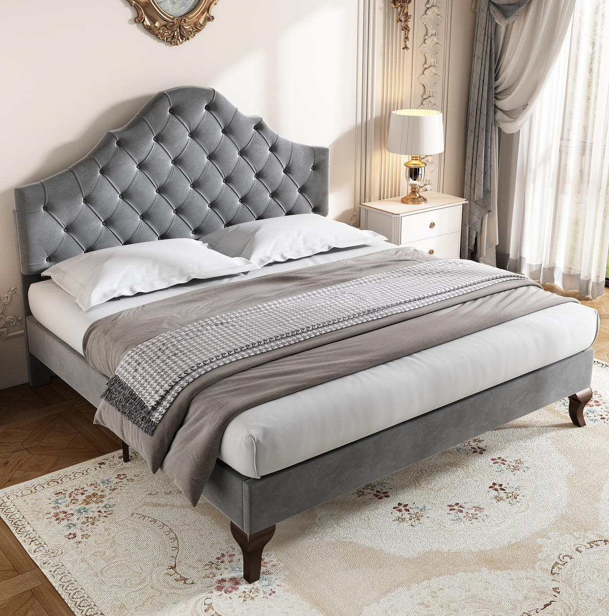 SAMT-POLSTERBETT 140/200 cm in Grau mit gepolstertem Kopfteil und Lattenrost - Grau, Textil (140/200cm) - BEAOK