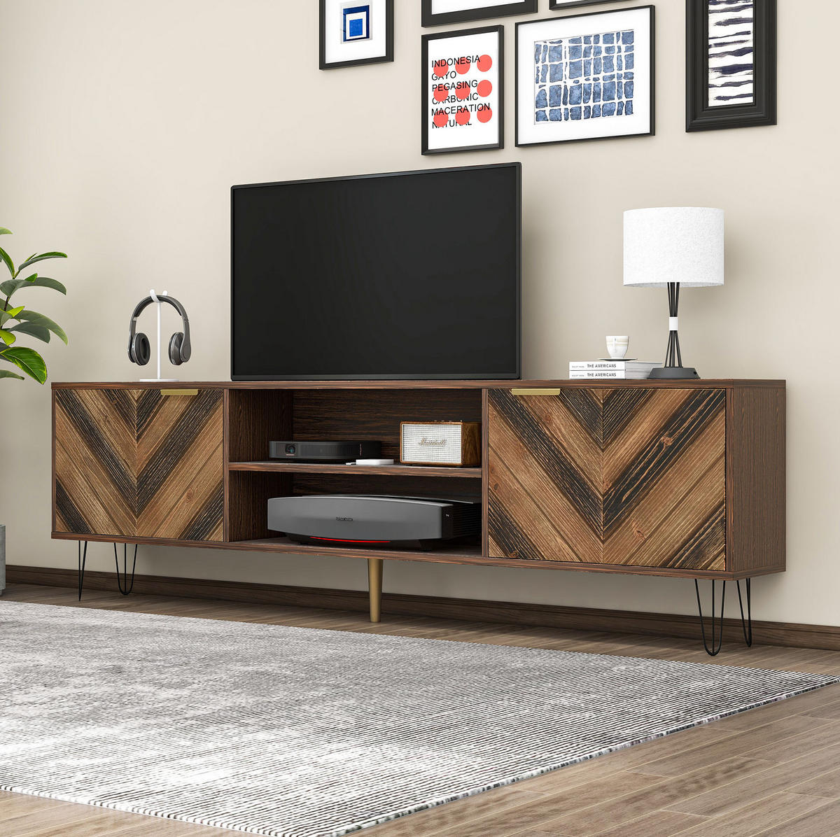 TV-LOWBOARD aus Holzwerkstoff 155x38x48 cm Natur mit 2 Türen, goldfarbenen Griffen und Eisenfüßen - Naturfarben, Holzwerkstoff (155/48/38cm) - Modfu
