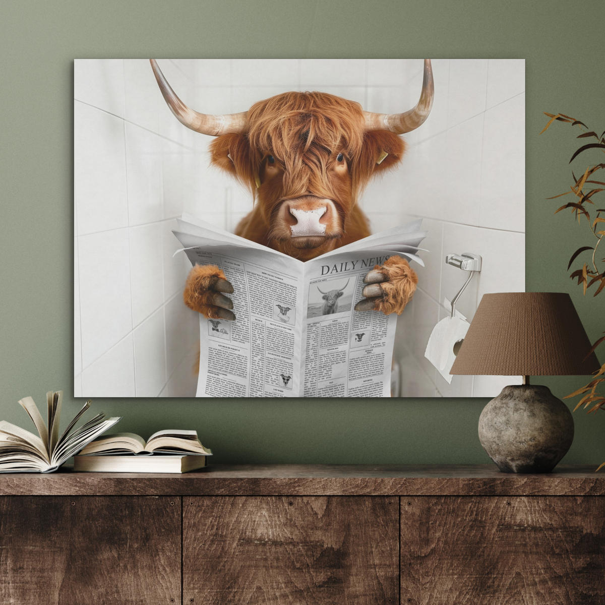 AKUSTIKPANEEL Schottisches Hochlandrind - Tier - Zeitung - Toilette 80x60 cm - Kastanienfarben, Textil (80/0.9/60cm) - MuchoWow