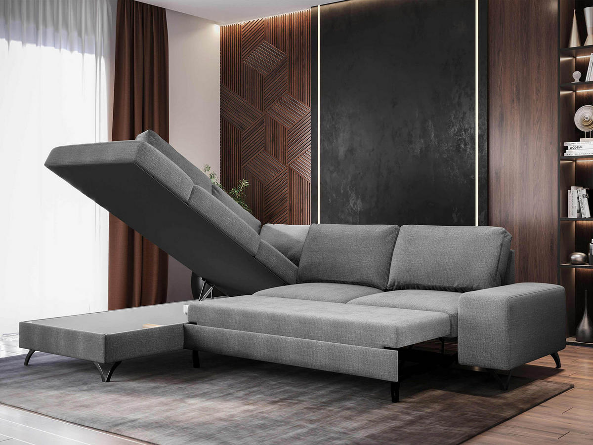 ECKSOFA Flavio Bis, Seite: Links - L3F+L2F+R4 - Greige/Schwarz, Holz/Textil (285/214cm) - MIRJAN24