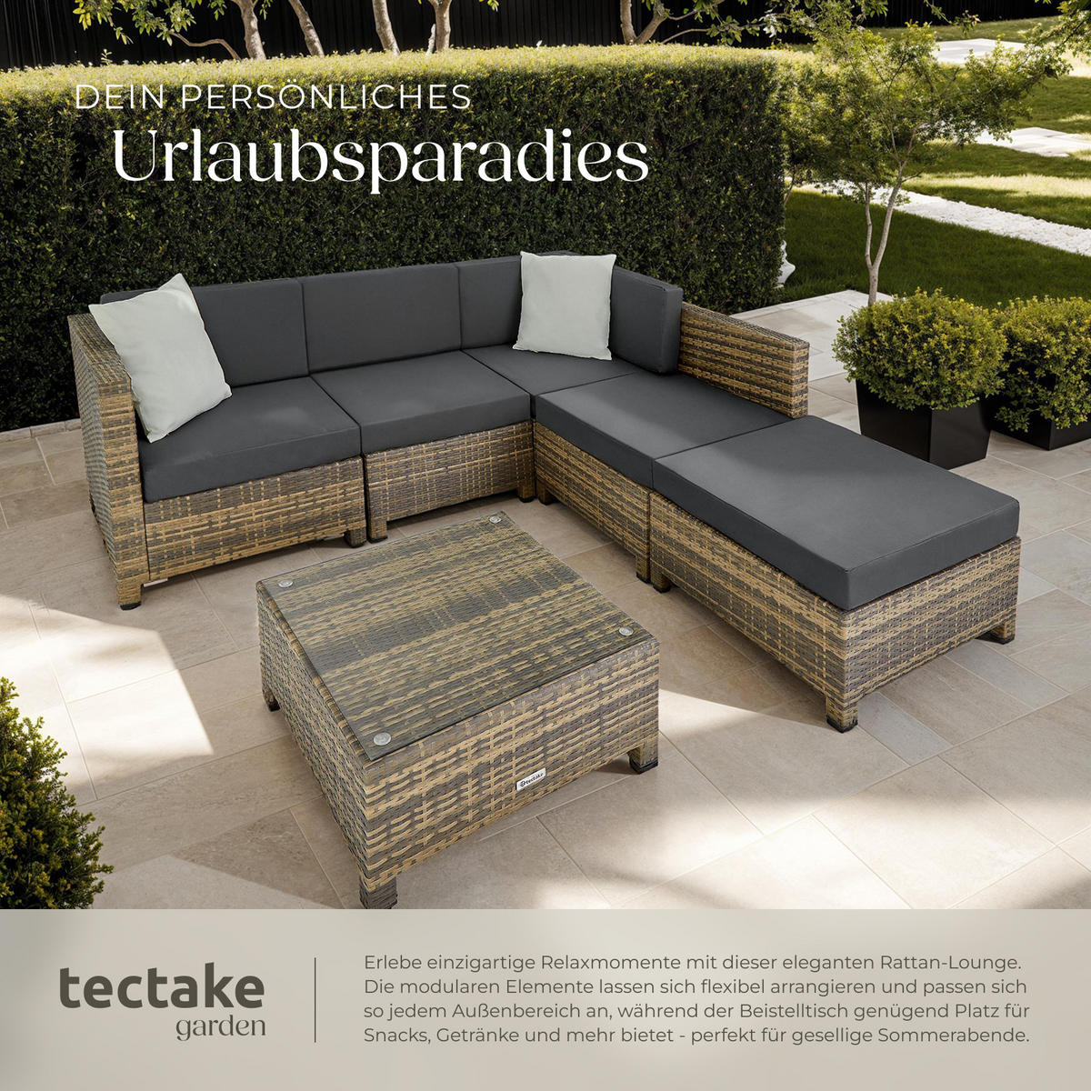 RATTANLOUNGE , mit Sicherheitsglasplatte, natur - Naturfarben, Kunststoff - tectake