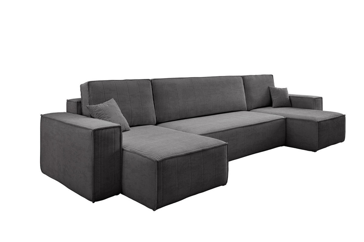 WOHNLANDSCHAFT Hugo U-Form Cordstoff mit Schlaffunktion und Bettkasten - Dunkelgrau, Textil (312/83/142cm) - VENASI MÖBEL