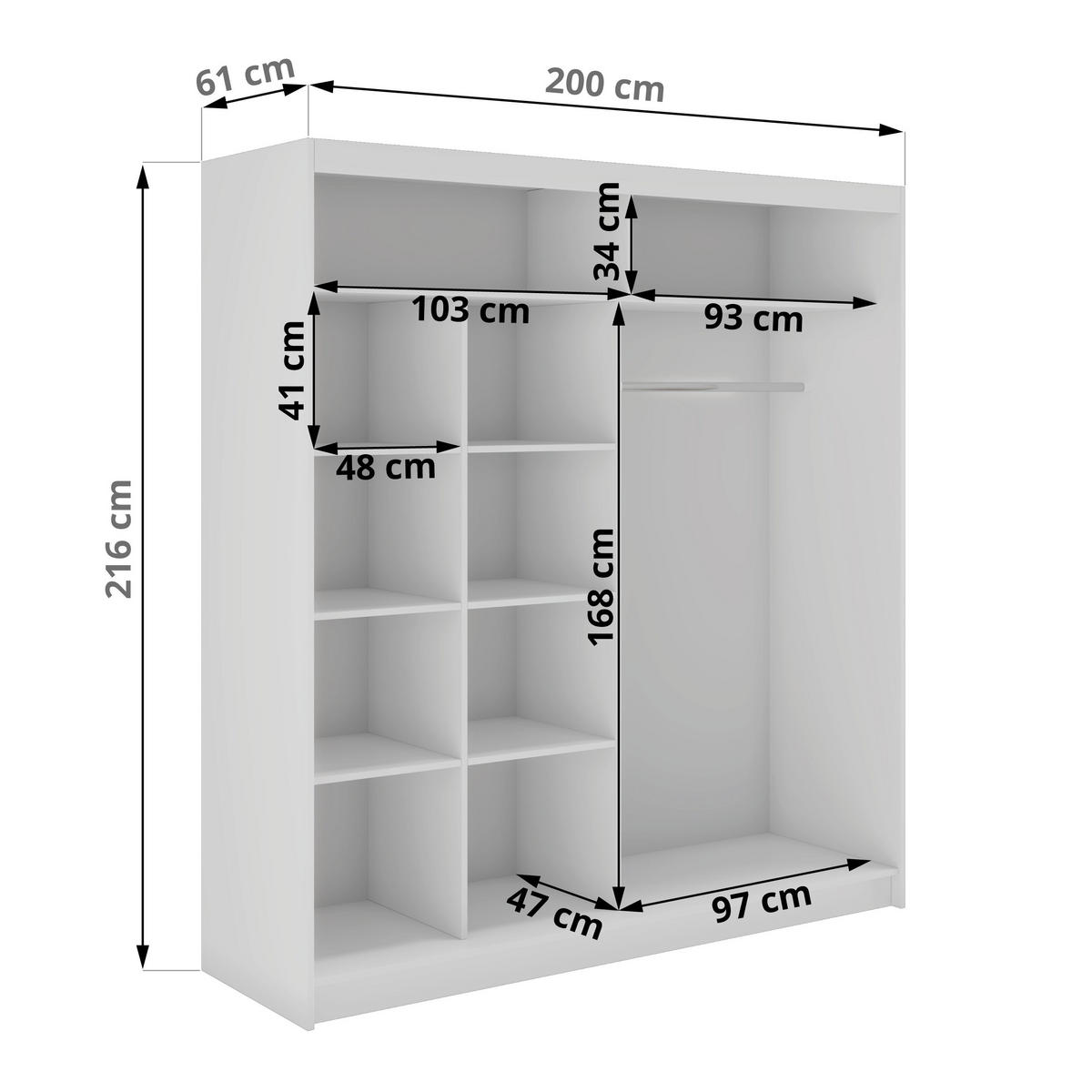 SCHWEBETÜRENSCHRANK mit Spiegel - WALENCJA - 200 - Weiß lacobel - Alufarben/Weiß, Holzwerkstoff/Metall (200/216/61cm) - MKS