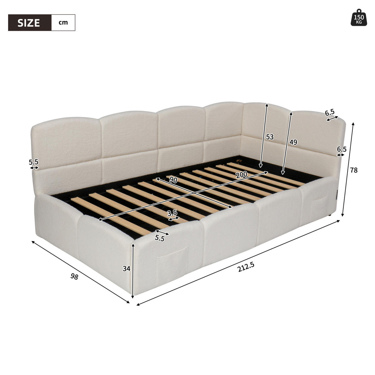 POLSTERBETT 90/200 cm beige aus Bouclé mit Stauraum und USB - Beige, Holzwerkstoff (90/200cm) - OKWISH