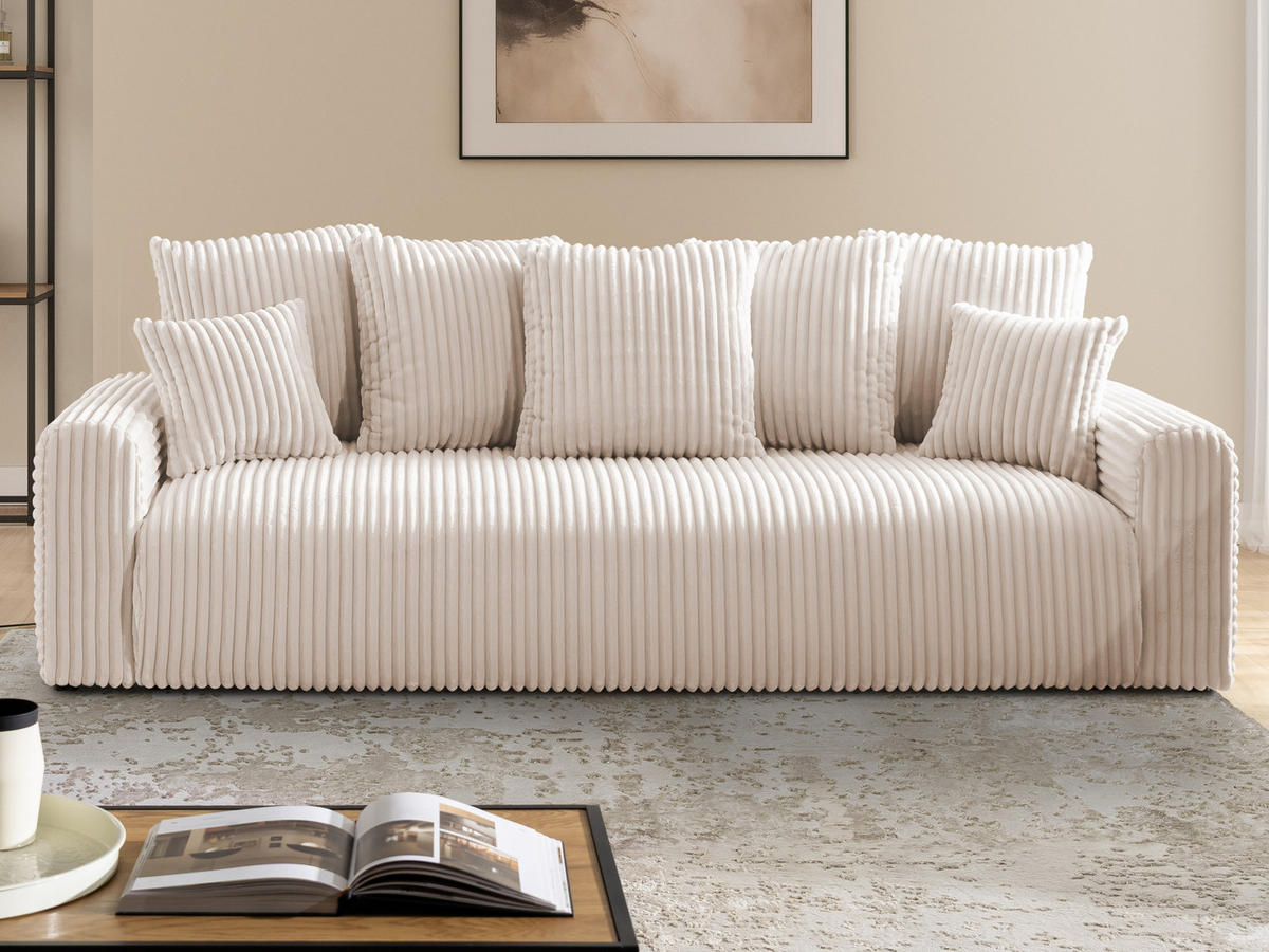 SCHLAFSOFA Calma mit Bettkasten im Bumpy-Design aus weichem Hellbeige Plüschcord - Beige/Schwarz, Holz/Kunststoff (239/88/98cm) - S-Style