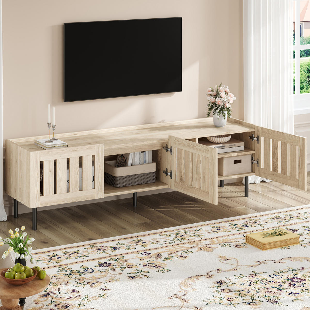 TV-LOWBOARD aus MDF 160x40x47 cm Natur mit Kabeldurchführung und Lamellentüren - Hellbraun, Holzwerkstoff (160/47/40cm) - Modfu