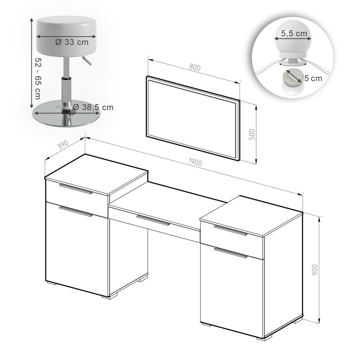 SCHMINKTISCH Lilli Weiß 190 cm mit LED Beleuchtung und Hocker - Weiß, Holzwerkstoff (190/90/39cm) - Vicco