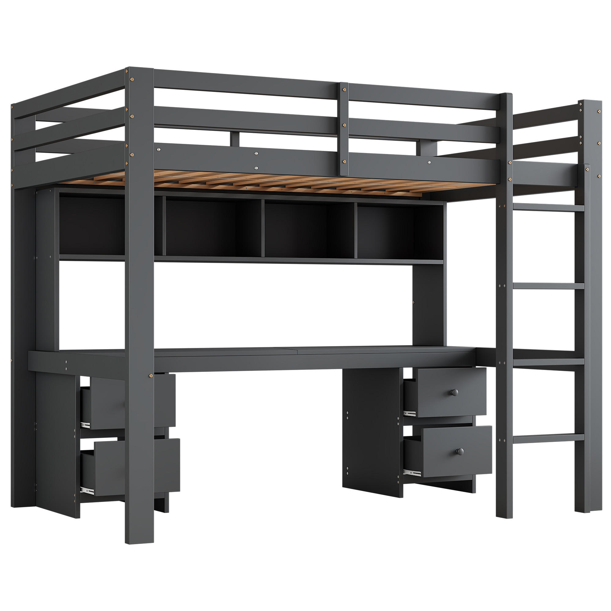 HOCHBETT aus Kiefernholz/MDF 90x200 cm in Grau mit Schreibtisch & Stauraum - Grau, Holz (90/200cm) - Modfu