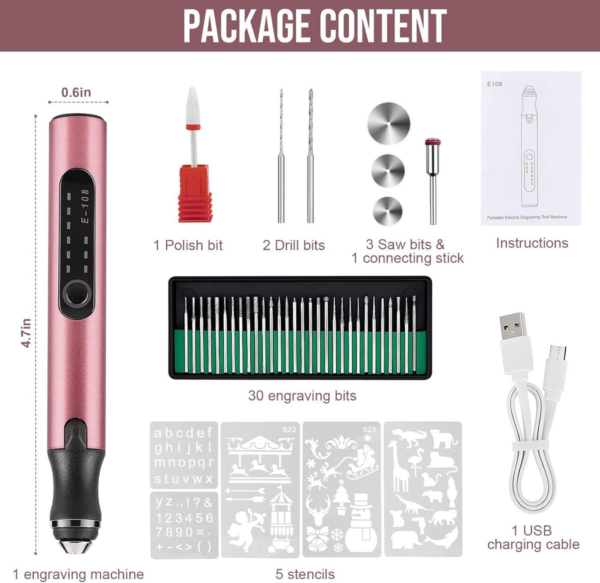 GRAVIERSTIFT – USB-wiederaufladbares Gravierwerkzeug-Set – Enthält 37 Spitzen und 5 Muster (Roségold) - Rot, Metall (21/14/4cm)