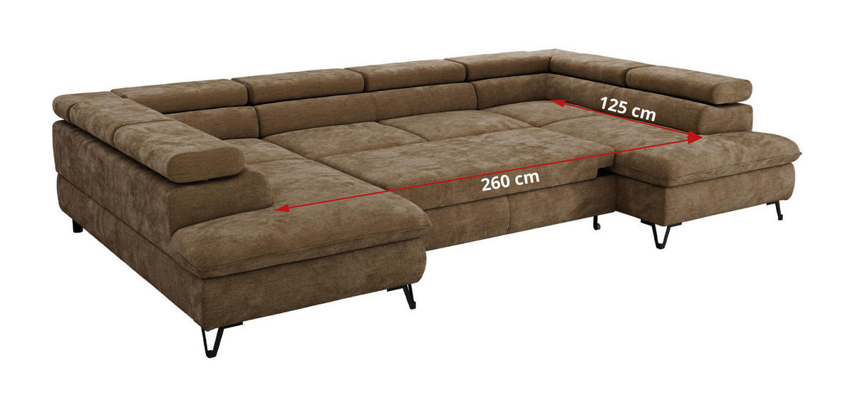 WOHNLANDSCHAFT PABLO U Schenille glatt Braun mit Topper Visco - Schwarz/Braun, Textil/Metall (346/76/208cm) - MKS