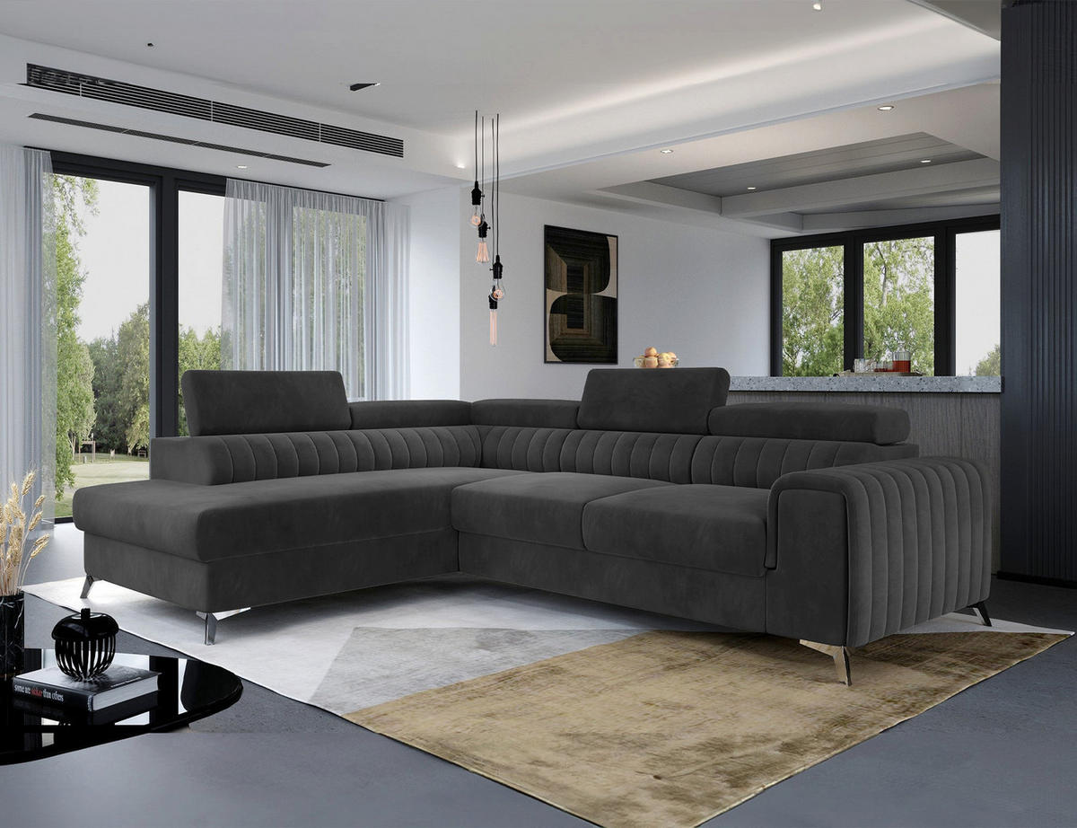 ECKSOFA Laurence mit Schlaffunktion & Bettkasten – 278 x 205 cm, verstellbare Kopfstützen - Anthrazit, Kunststoff (278/205cm) - Wohnideebilder
