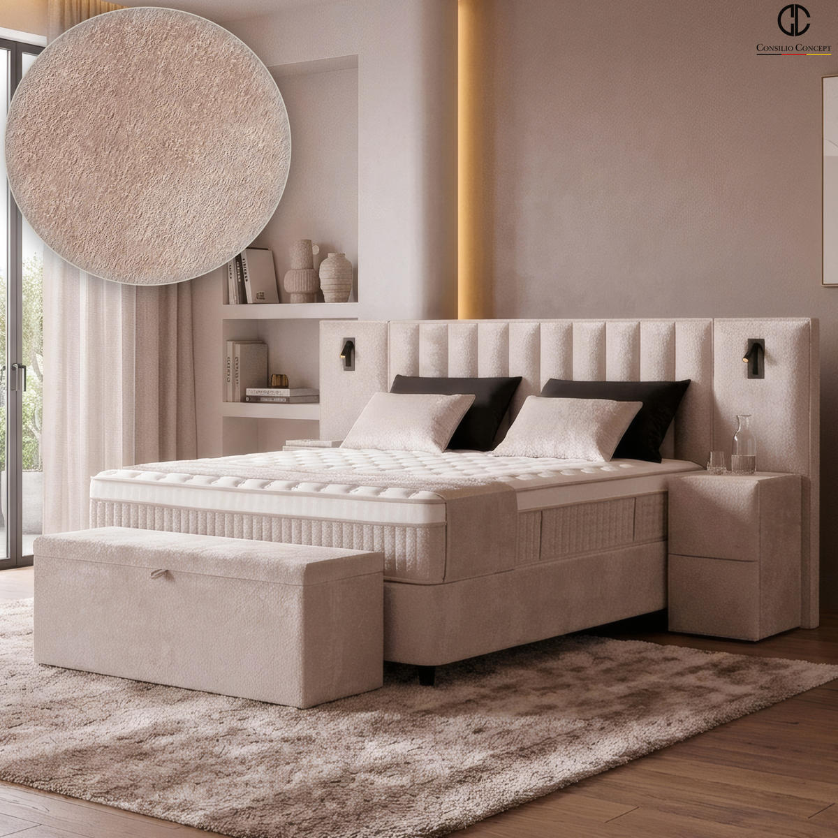 BETTBANK PALERMO 160/43/43 cm, Beige, Aufklappbar, mit Stauraum - Creme/Schwarz, Holz/Kunststoff (160/43/43cm) - Consilio Concept