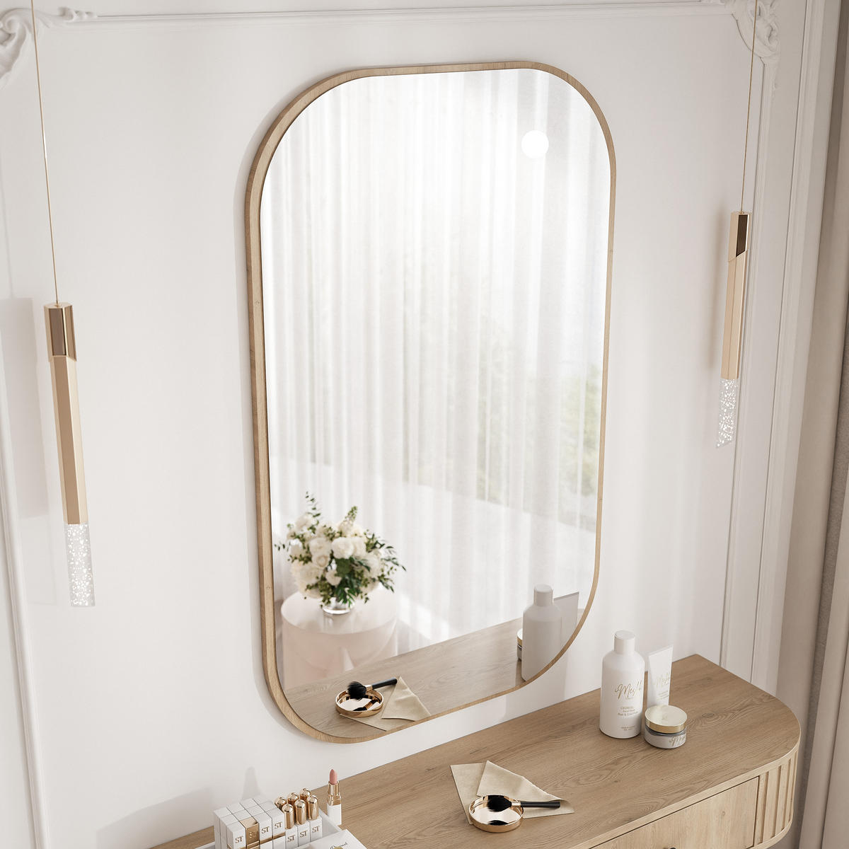 SCHMINKTISCH OVALINE mit Spiegel, 123 cm Cremona-Eiche - Eichefarben/Goldfarben, Holzwerkstoff/Metall (123/17.5/36cm) - Idohome