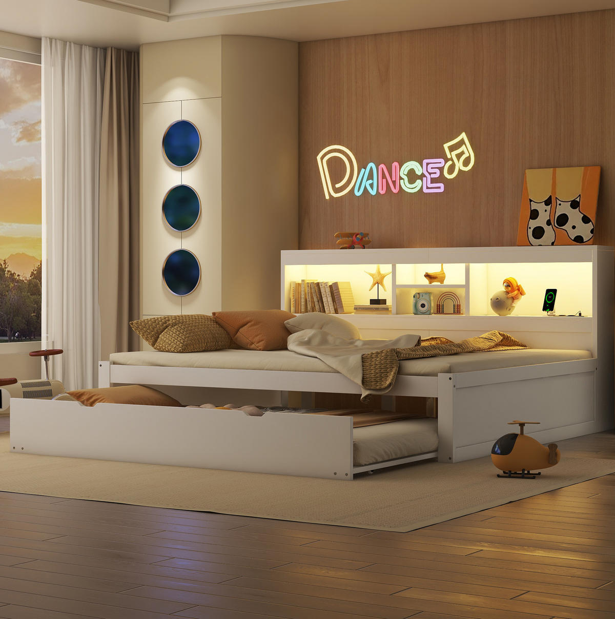 BETT 140/200 cm Weiß mit Ausziehbett, LED-Beleuchtung und USB-Anschlüssen - Weiß, Holzwerkstoff (140/200cm) - Flora Grace