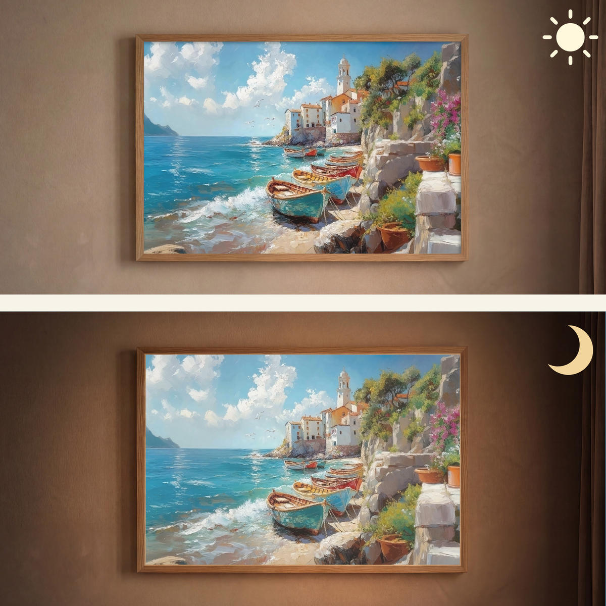 NÁSTĚNNÁ LAMPA S AKUMULÁTOREM Lodě - skály - moře - slunce 90x60 cm - modrá, kompozitní dřevo (90/60/8cm) - OnlyWow