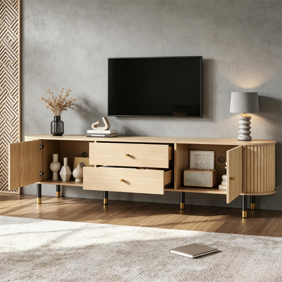 TV-ELEMENT180X40X58CM mit Schiebetüren und Schubladen in Naturfarbenholzoptik - Naturfarben, Holz (46.51/18.01/75.79cm) - Raelunyi