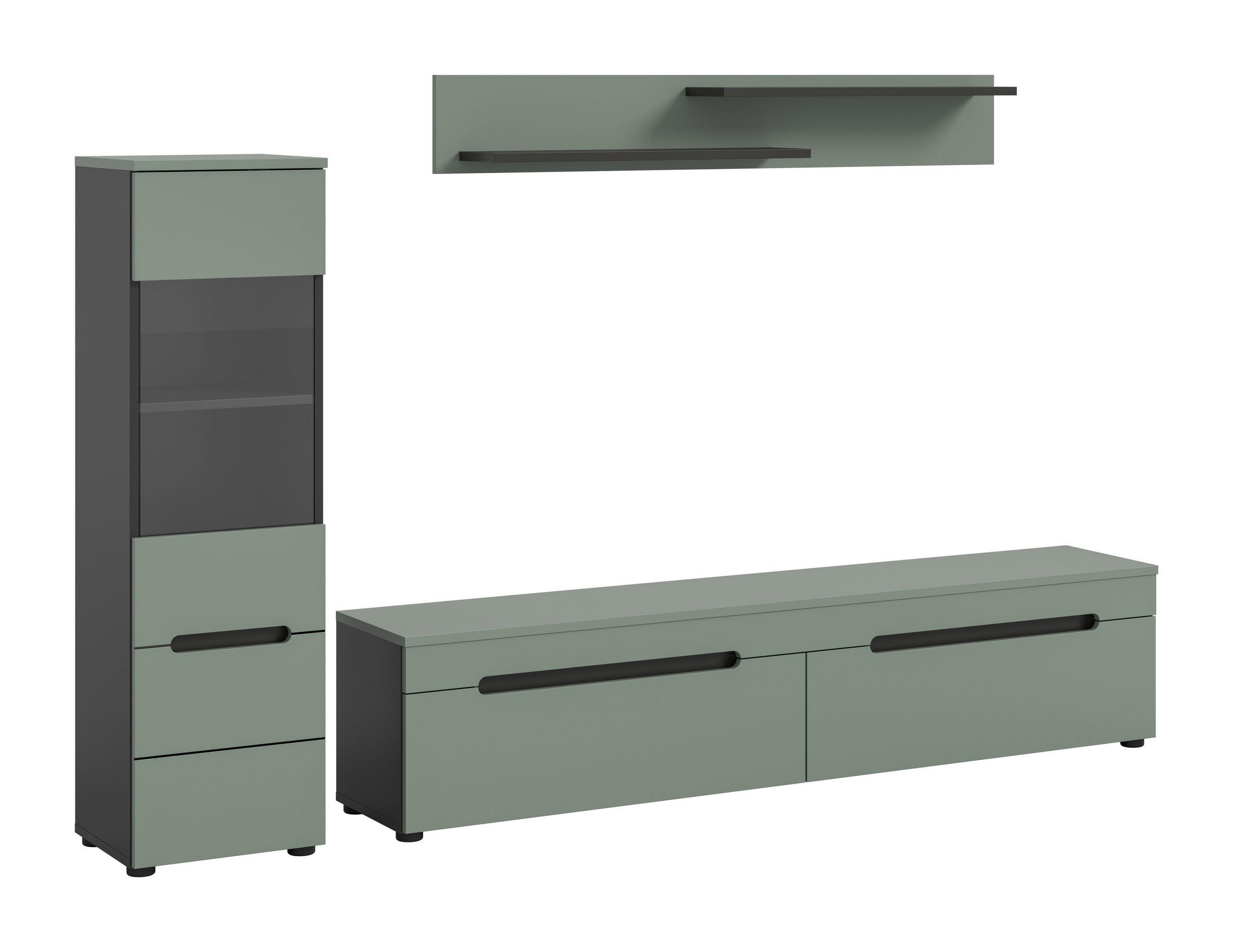 WOHNWAND Nova 3 tlg. (B/H/T: ca. 221/141/33 cm) in Basalt grau/Smoke Green - Grau, Holzwerkstoff (221/141/33cm)