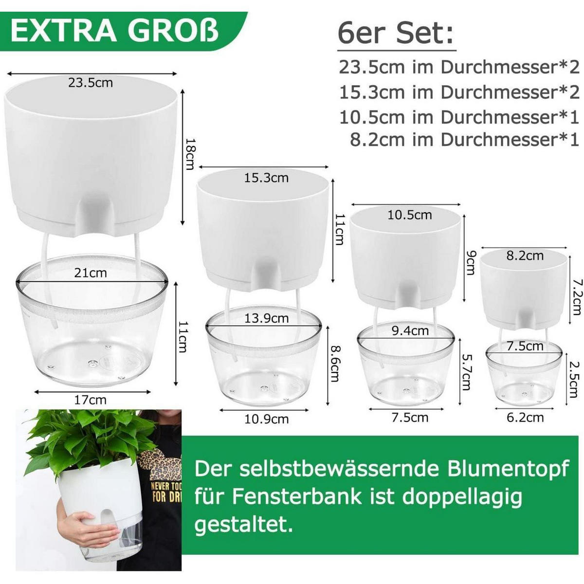 BLUMENTOPF 6er Set mit Bewässerungssystem Weiß - Weiß, Kunststoff (24/25/24cm)