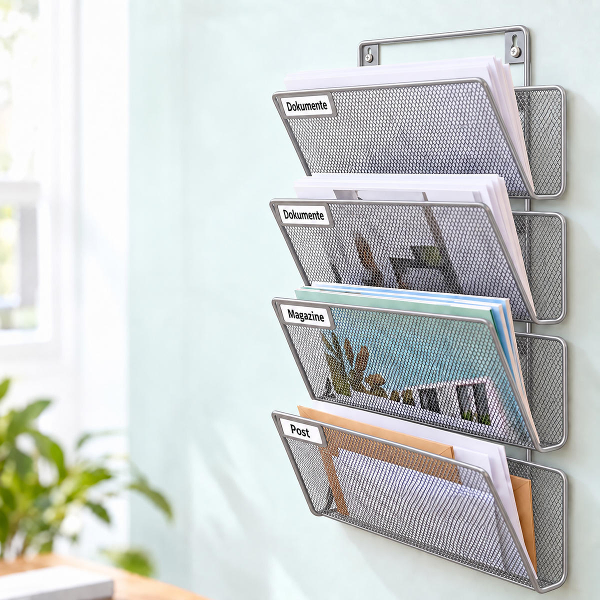ZEITSCHRIFTENHALTER Silber Metall Wandmontage 4 Ablagen A4 - Silberfarben, Metall (32.5/43/12cm) - Relaxdays