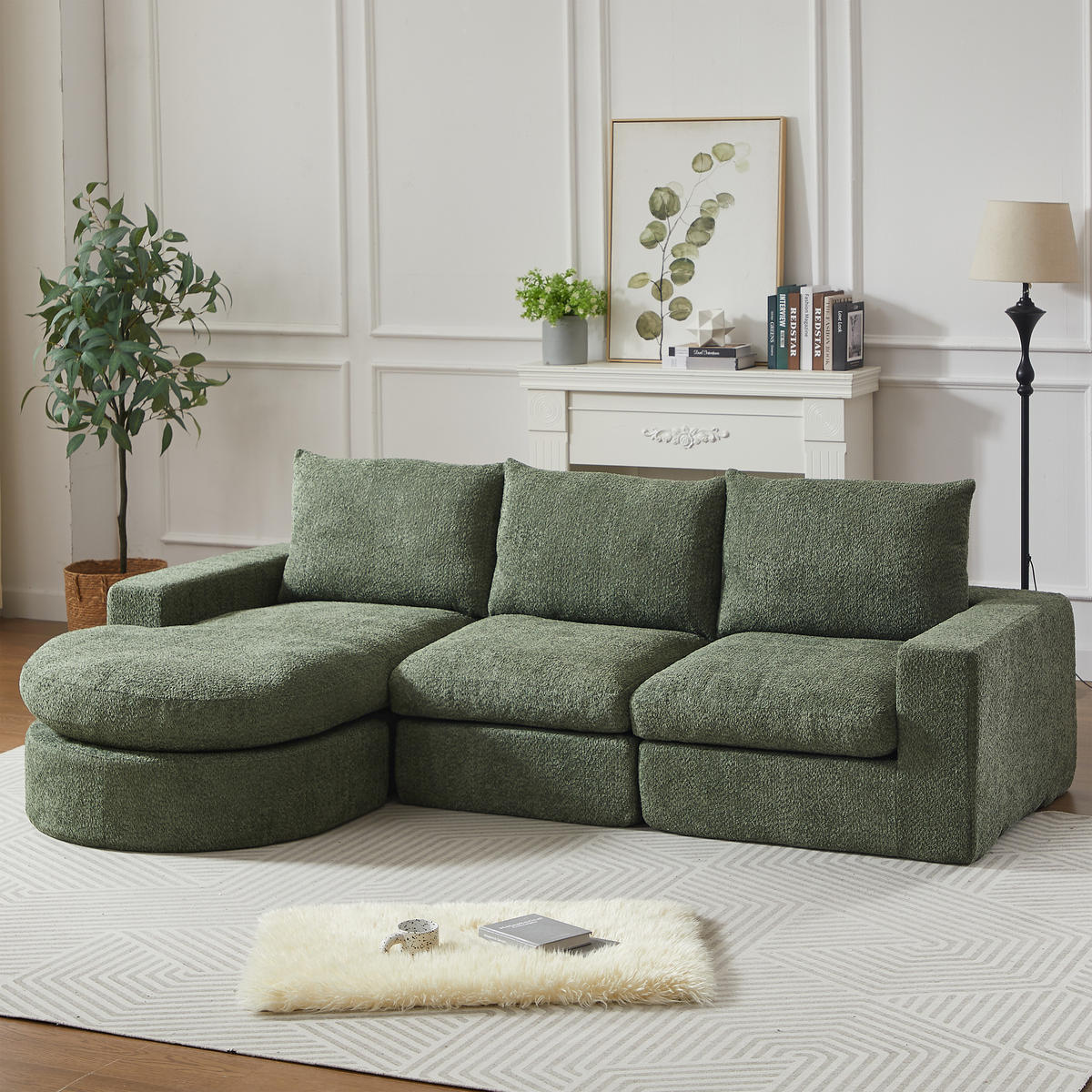ECKSOFA 3-Sitzer Chenille Grün mit Kissen - Grün, Textil/Metall (250/160cm) - WISHDOR