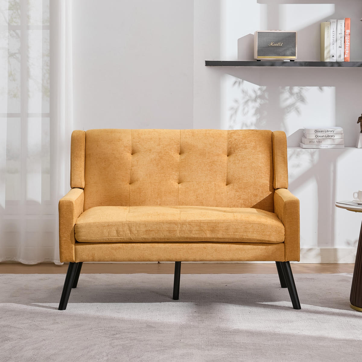 SITZBANK 2-Sitzer Leinenbezug mit Tufting, Massivholzbeinen 119/75/88 cm Gelb - Gelb, Textil (75/88/119cm) - Redom