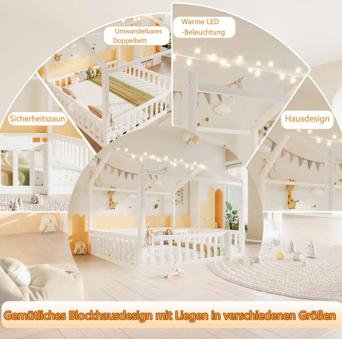 KINDERBETT 195/191/156,5 cm in Hausform mit LED und teilbarer Liegefläche 90/190 cm - Weiß, Holz (90/190cm) - BEAOK