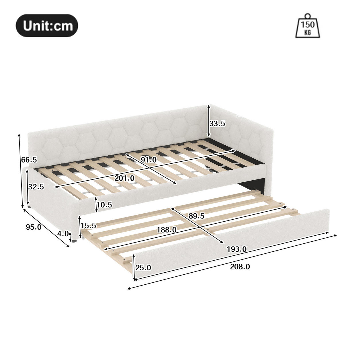POLSTERBETT 90x200cm mit Nachttischlampe und multifunktionalem Ausziehbett- Weiß - Weiß, Holz/Textil (90/200cm) - KOMHTOM