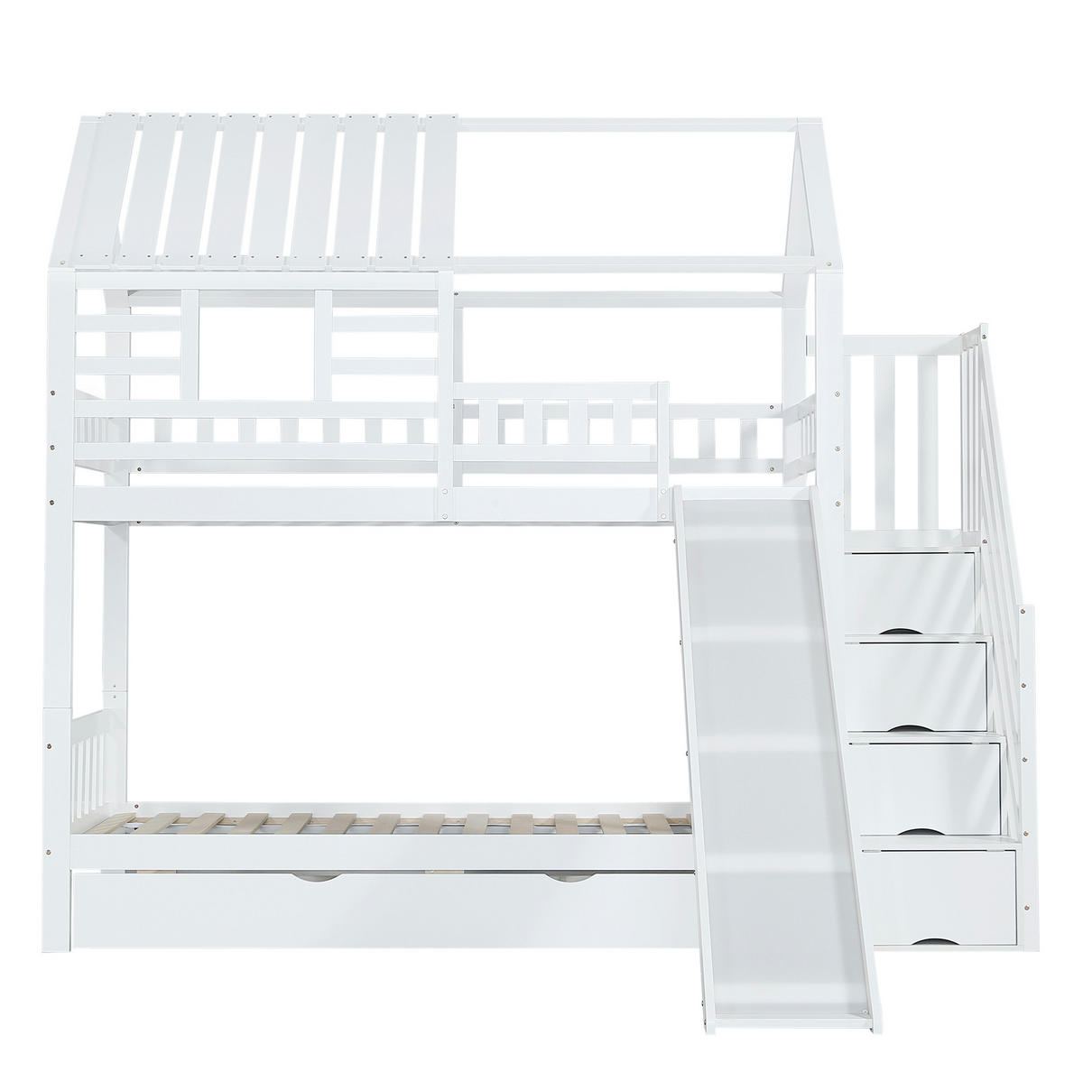 PALANDA 254/216/221 cm s domkovým designem, schody se staurámem, tobogánem a zásuvkami, Bílá - bílá, kompozitní dřevo (90/200cm) - Redom
